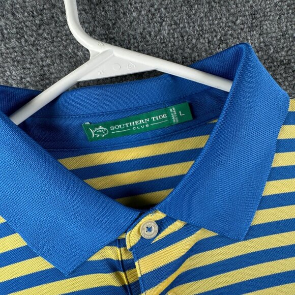 Southern Tide Club Short Sleeve Polo Shirt Blue Yellow Striped Large Men Golf - Picture 7 of 13